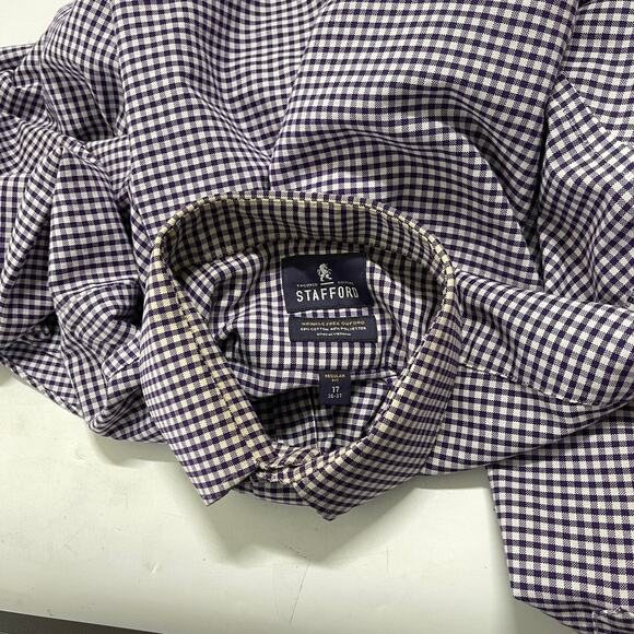 Stafford Men Dress Shirt Size 17 Purple White Checkered Button Up STAINS - Picture 5 of 8